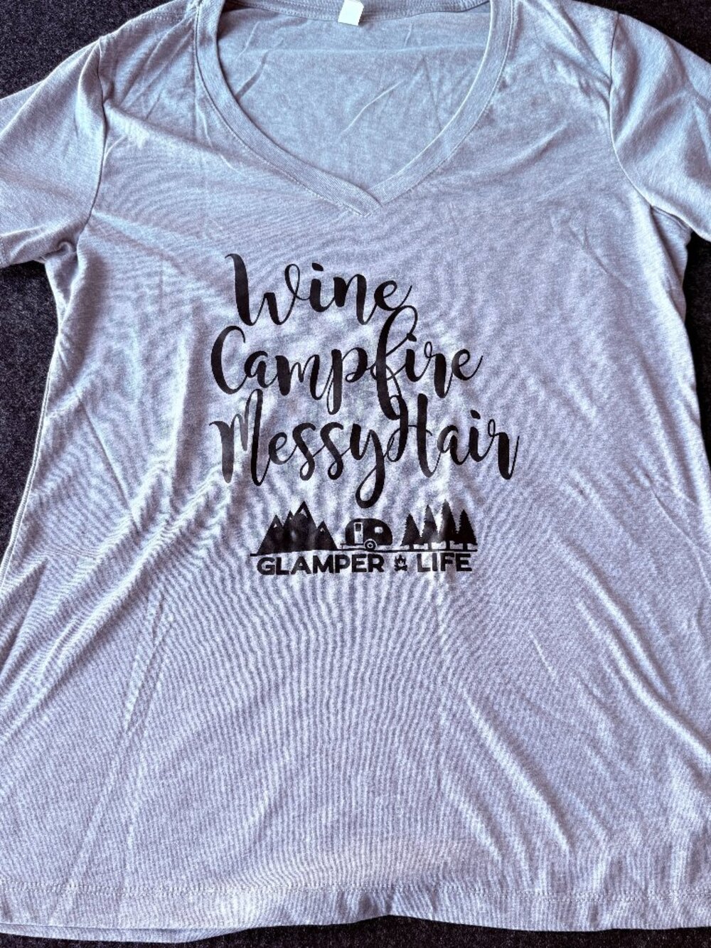 Camping Tee Wine Campfire Messy Hair V Neck - Women's XL